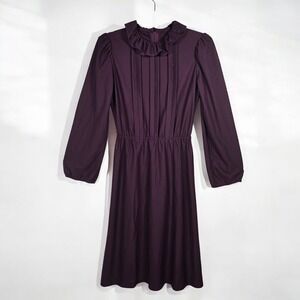 Vintage Midi Dress Plum Purple Long Sleeve Ruffle Neck Pleated Women's Medium?